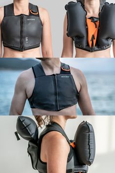 the back view of a woman wearing an inflatable life jacket