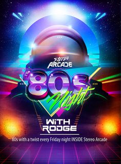 the 80s party flyer is shown with neon colors