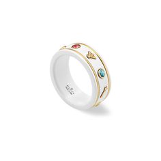 Style ‎527095 J8F76 8521Delving into the House's eclectic narrative, the Icon collection evolves with the introduction of motifs that have become distinctive of the Gucci world. Crafted in 18k yellow gold, the planet, the bee, the star and the Interlocking G are set against a white zirconia band and alternate with multicolor gemstones.18k yellow goldWhite zirconiaRed, honey, pink, and green topazPlanet, bee, star and interlocking G motifsFrom a size 6 to 15 this ring is crafted with 5 topaz and Icon Ring, Dope Jewelry Accessories, Inlay Jewelry, Jewelry Rings Diamond, Fine Jewelry Collection, Gold Jewellery Design, Fine Rings, Rings Necklaces, Gold Diamond Rings