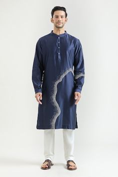 Navy chanderi kurta with placed abstract pattern embroidery. Comes with contrasting pyjama. - Aza Fashions Cotton Kurta With Embroidery For Diwali, Diwali Embroidered Straight Kurta, Traditional Kurta With Embroidery For Eid, Traditional Kurta With Embroidery For Diwali, Traditional Embroidered Kurta For Eid, Traditional Embroidered Kurta For Diwali, Diwali Traditional Straight Kurta With Embroidery, Luxury Blue Kurta With Resham Embroidery, Luxury Blue Kurta With Embroidered Border