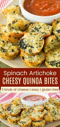 spinach artichoke cheesy quinoa bites on a plate with dipping sauce