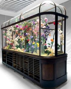 a display case filled with lots of colorful flowers