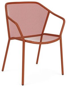 an orange plastic chair with arms and legs, viewed from the front angle on a white background