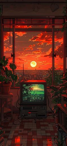 an image of a tv set in the middle of a room with plants on either side