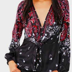 Questions? Leave A Comment Below! Black V-neck Printed Blouse, Black Bohemian Printed Blouse, Black Floral Print Party Tops, Black Printed V-neck Top, Black Bohemian Blouse With Floral Print, Elegant Black Tops With Floral Print, Black Printed Top For Night Out, Elegant Black Floral Print Tops, Black Fitted Bohemian Tops