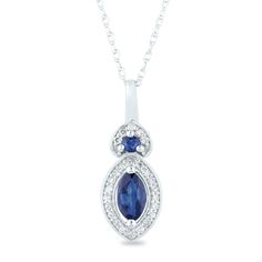 Featuring one marquise-shaped brilliant cut blue sapphire, one round brilliant cut blue sapphire and 25 round single cut diamond accents, this pendant offers scintillating allure in 10K white gold. | Blue Sapphire and Diamond Accent Marquise Halo Pendant Necklace | 10K White Gold | Size 18" | Helzberg Diamonds Sapphire Marquise Cut Gemstone Jewelry, Marquise Cut Sapphire Diamond Jewelry, Blue Marquise Cut Cubic Zirconia Jewelry, Blue Cubic Zirconia Marquise Cut Jewelry, Blue Marquise Cut Jewelry With Diamond Accents, Marquise Sapphire Fine Jewelry, Sapphire Marquise Jewelry With Diamond Accents, Sapphire Color Marquise Cut Cubic Zirconia Jewelry, Sapphire Color Cubic Zirconia Marquise Cut Jewelry