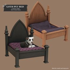 a bed with a dog sitting on top of it