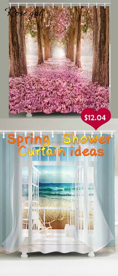 an open window with the words spring shower curtain ideas on it in front of pink flowers and trees