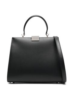 black calf leather silver-tone logo plaque metal feet clasp fastening single rolled top handle detachable shoulder strap main compartment internal zip-fastening pocket Office Bag With Logo Hardware And Double Handle, Classic Bags With Logo Hardware And Double Handle, Classic Bags With Double Handle And Logo Hardware, Formal Tote Shoulder Bag With Logo Hardware, Classic Satchel Bags With Logo Hardware, Classic Office Bag With Logo Hardware, Luxury Tote Satchel With Logo Hardware, Elegant Tote Bag With Logo Hardware, Business Shoulder Bag In Calf Leather With Logo Hardware