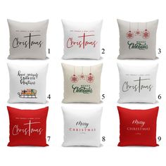 twelve christmas pillows with the names of different types and designs on them, all lined up in rows