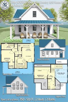 the plans for this house include two bedroom, one bathroom and an open floor plan