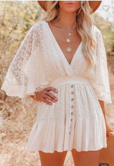 This feminine boho chic lace dress definitely has it girl vibes. Model is wearing a size small. Lace material Bat Sleeves Dress, Stile Boho Chic, Lace Dress Casual, Look Festival, Lace Cutout, Lace Tunic, Casual Lace, Mini Dresses Summer, Loose Dress