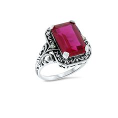 Vintage Estate 5.50 Carat Lab Created Ruby Filigree Ring. Pearl Accent Stones. 925 Solid Sterling Silver. Stamped 925. Excellent Condition/Like New. Classic Red Birthstone Ring, Classic Silver Ruby Birthstone Ring, Classic Silver Birthstone Ring With Ruby, Sterling Silver Ruby Ring For Formal Occasions, Red Birthstone Rings For Formal Occasions, Classic Red Sterling Silver Birthstone Ring, Classic Red Birthstone Ring In Sterling Silver, Elegant Ruby Ring Stamped 925, Classic Sterling Silver Ruby Ring For Anniversary