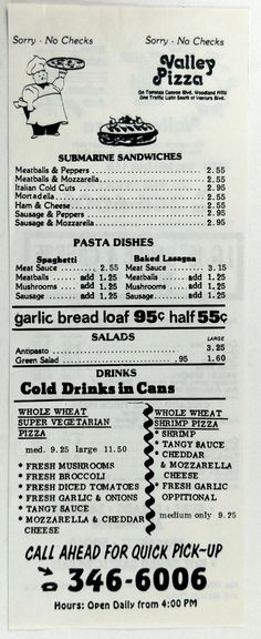 an old menu for a restaurant with prices and information on the front page in black and white