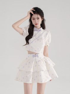 ❤︎ China Puff Sleeve Ritori Flower Jackard Top + Pearl Ribonty Assed Skirt Setup❤︎ Puff Sleeve Short Dress, Pearl Ribbon, Top Pearl, Jacquard Top, Shirred Dress, Purple Skirt, New Chinese Style, Purple Shirt, Crystal Flower