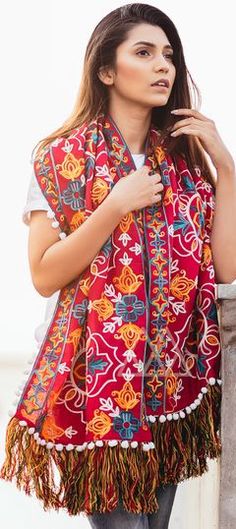 Red and Maroon color Dupatta in Cotton fabric with Embroidered, Resham, Thread work Embroidered Scarf, Stole Scarf, Fall Scarves, Red Scarves, Thread Work, Maroon Color, Long Scarf, Winter Wear, Dress Materials