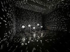 an abstract black and white photo with lights in the dark, surrounded by small stars