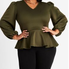 Brand New V Neck Peplum Puff Sleeved Scuba Blouse. Olive Color. Size 14/16. Plus Size Pretty, Peplum Top Outfits, Plus Size Peplum Top, Plus Size Peplum, Long Sleeve Peplum Top, Streetwear Chic, Scuba Knit, Peplum Tops, Full Figure Fashion