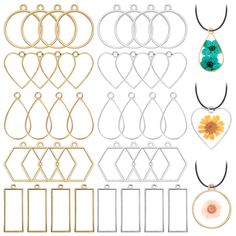 several different types of necklaces and pendants with flowers on them, all in various shapes