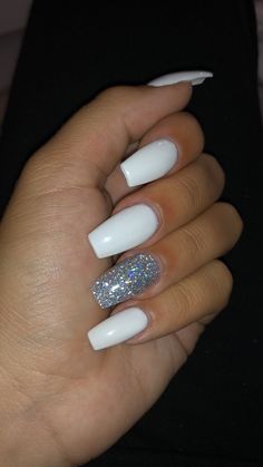 ✨ follow me for more poppin pins @amacias3875 ✨ White Nails Acrylic Coffin Glitter, Clear White Acrylic Nails Coffin, Coffin Acrylic Nails White, Short Medium Nails Acrylic Ideas, Sparkly White Nails Coffin, White Sparkly Coffin Acrylics, Long White Sparkly Acrylic Nails, White Coffin Nails, White Nail Art