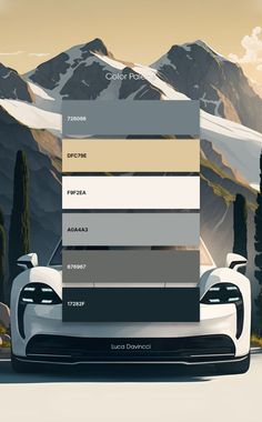 a car with mountains in the background and colors that are different from each other,