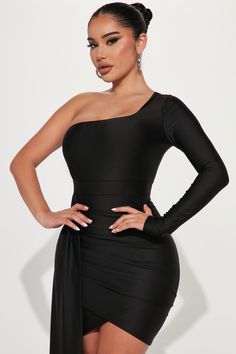 Available In Royal, Black, And Hunter. Mini Dress One Shoulder Long Sleeve Drape Detail Stretch 85% Polyester 15% Spandex Imported | Waiting For Ur Love Mini Dress in Black size Medium by Fashion Nova One-shoulder Black Elastane Bodycon Dress, Black One-shoulder Elastane Bodycon Dress, Black One-shoulder Bodycon Dress, Dress One Shoulder Long, Date Night Fashion, Night Fashion, Dress One Shoulder, Aesthetic Collage, Dress First