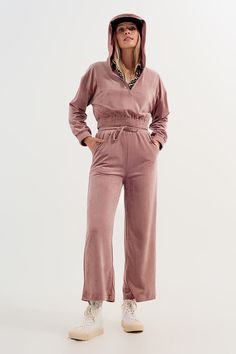 Separate straight leg velvety corduroy joggers in dusty pink that you can combine with our Zip Through Hoodie in Pink for a full set, these pants have a soft, velvety feel. These lightweight joggers boast of side pockets, palazzo-type legs, and a drawstring waist for your comfort. Wear these casually working out or hiking. Lined, these pants are made from 95% Polyester and 5% Elastane. The model is 5’7” with measurements of 29-23-34 and is wearing a size small. The sizing options small, medium, Corduroy Hoodie, Zip Through Hoodie, Pink Joggers, New Years Sales, Zip Up Hoodies, Knitting Materials, Keep Warm, Dusty Pink, Zip Up