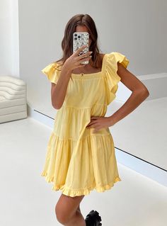 Mini dress Relaxed fit 100% cotton Length of size US 4 / AU 8 shoulder to hem: 80cm / 31.4in Frill sleeve Tiered design Non-stretch Unlined Cute Mini Dress, Lace Corset Top, Tiered Mini Dress, Church Dresses, Dress Yellow, Hoco Dresses, Crop Top Blouse, Curve Dresses, White Midi Dress