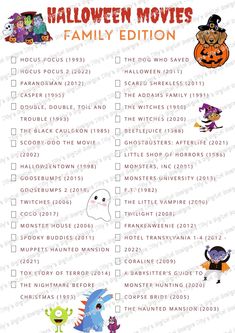 the halloween movie family game is shown in this printable activity sheet for kids to play with