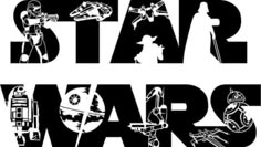 the star wars logo is shown in black and white, as well as an image of two