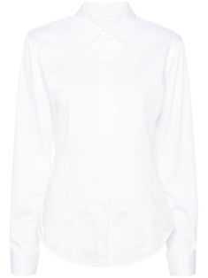 white cotton blend poplin texture embroidered logo to the side dart detailing classic collar concealed front button fastening long sleeves buttoned cuffs curved hem Versace Outfit, Yoko London, Poplin Shirt, Helmut Lang, Lady Dior, Dart, Denim Dress, White Cotton, All Fashion