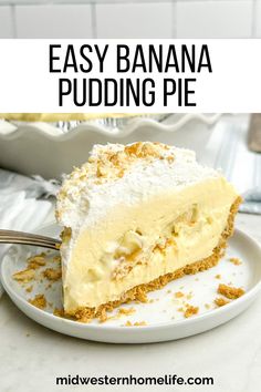 a piece of easy banana pudding pie on a plate with a fork and text overlay