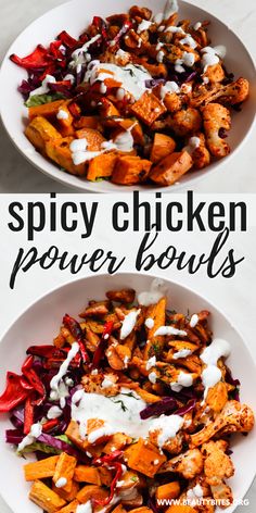 two bowls filled with chicken and vegetables on top of a white countertop next to the words spicy chicken power bowls