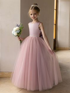 Tulle Ball Gown/Princess Flower Girl Dresses With Pearls & Satin Bowknot Princess Style Tulle Dress For Confirmation, Princess Ball Gown For Confirmation, Sleeveless Tulle Princess Dress For Confirmation, Tulle Bridesmaid Dress For Prom Pageant, Princess Ball Gown For Bridesmaid Pageant, Princess Pageant Dress For Bridesmaids In Prom Season, Princess Bridesmaid Pageant Dress For Prom, Princess Ball Gown Bridesmaid Dress For Pageant, Princess Style Bridesmaid Ball Gown