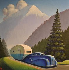 a painting of a blue car driving down a road next to a mountain with a camper