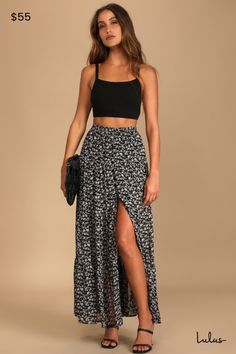 You'll love the sweet vibes of the Lulus Subtle Sweetness Black Floral Print Tiered Maxi Skirt! Lightweight woven fabric, with a purple and green floral print, shapes this skirt that has a high elasticized waist and a tiered silhouette. A functional button placket runs down the front before hitting a center slit. Fit: This garment fits true to size. Length: Ankle length. Size medium measures 40" from waist to hem. Waist: Fitted - elastic waist allows stretch. Hip: Loosely Fitted. Fabric: Fabric Hawaii Fall Outfit, Summer Outfits Medium Sized Women, Casual Paris Outfits, Cute Paris Outfits, California Fits, Thailand Outfits, Bohemian Closet, Paris Fits, Hawaii 2023