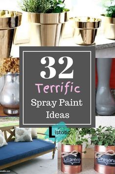 several different types of vases with plants in them and the words 32 terrible spray paint ideas