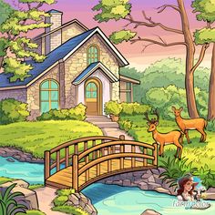 a painting of two deer crossing a bridge in front of a house with a dog on the other side