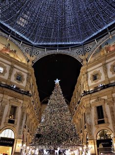 a large christmas tree in the middle of a shopping mall with lights hanging from it's ceiling