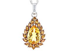 2.55ct Pear Shape Citrine With 1.08ctw Marquise & .06ctw Round Madeira Citrine Rhodium Over Sterling  Silver Pendant With 18" Singapore Chain. Measures approximately 1.24"L x .62"W. 3.7mm bail. Lobster claw clasp with a 2" extender. Pear-shaped Topaz Jewelry With Accent Stones, Fine Jewelry Citrine With Diamond Accents, Fine Jewelry Citrine With Diamond Cut, Pear-shaped Topaz Gemstone Jewelry, Fine Jewelry Pear-shaped Citrine, White Gold Citrine Jewelry With Gemstone Accents, Pear-shaped Citrine Gemstone Jewelry, Pear Shaped Citrine Gemstone Jewelry, Dazzling Pear-shaped Jewelry With Accent Stones