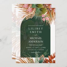 an elegant tropical wedding card with palm leaves and flowers on the front, in dark green