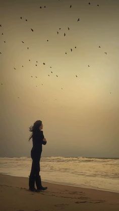 a woman standing on top of a beach next to the ocean with birds flying overhead