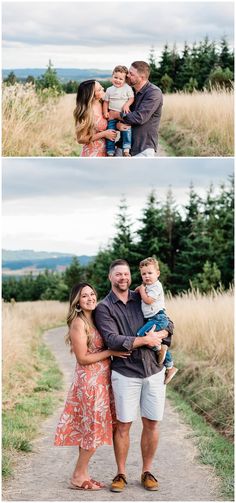 a family posing for pictures in the middle of an open field with tall grass and trees