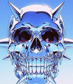 a chrome skull with spikes on it's head is shown in front of a blue sky