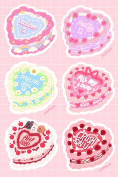 four stickers that say i love you and have hearts on them, all in different colors