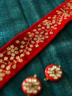 The luxury of velvet and the glamour of sequins - coming together to create this gorgeous piece! A regal floral pattern created with small gold sequins. On rich red velvet fabric. Soft hand feel, regal drape. Add oodles of drama and elegance to any project with this beauty. Use it to embellish your denim jackets, or border your sarees. Or create home décor like lamps, or curtain ties. One trim, countless possibilities. Price for 1 mtr Size - 3.5 cm W Note - Actual colours may differ slightly fro Red Velvet Fabric, Velvet Saree, Floral Saree, Embroidered Border, Saree Border, Curtain Ties, Indian Embroidery, Indian Fabric, Velvet Trim