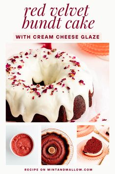 a red velvet bundt cake with cream cheese glaze is shown in this recipe