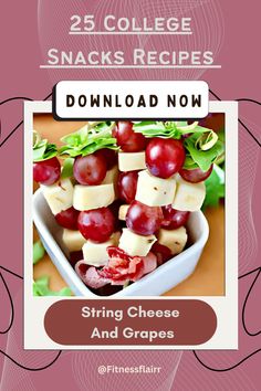 Get 25 free college snacks recipes, including string cheese and grapes! #CollegeSnacks #HealthySnacks #LowCalorie #FitLife #QuickRecipes #EasyMeals #CleanEating #HealthyLifestyle #NutritionTips #FoodInspo #HealthyLiving #SnackingSmart #FreeEbook Cheese And Grapes, String Cheese, Vegan Snacks, Snack Ideas