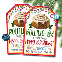 two christmas gift tags with the words holly puddinging by to wish you a merry christmas