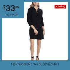 Sleek, stylish, and perfect for a special occasion, this MSK women's knee-length dress is made from a soft stretch fabric for a comfortable fit and feel. Cut in a shift-style silhouette, it has a spread collar and zip neckline - wear it with hoop earrings and stiletto sandals.Features: Zip Front, Stretch FabricClosure Type: ZipperNeckline: Collar NeckSleeve Length: 3/4 SleeveSleeve Style: Fitted SleeveApparel Length: 36.5 Inches - BackDress Length: Knee LengthFiber Content: 95% Polyester, 5% Sp… Elegant Half Sleeve Mini Dress, Black Midi Dress With 3/4 Sleeve, Evening Half Sleeve Mini Dress, Elegant Shift Dress With 3/4 Sleeves, Stretch Half Sleeve Mini Dress, Large Dresses, Small Dresses, Shift Dresses, Medium Dress